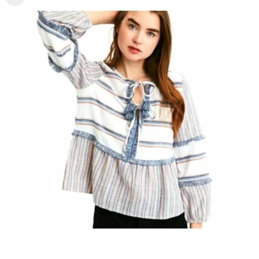 EUC American Eagle Peasant Hippie Blouse Striped Boho Top Loop Fringe size XS